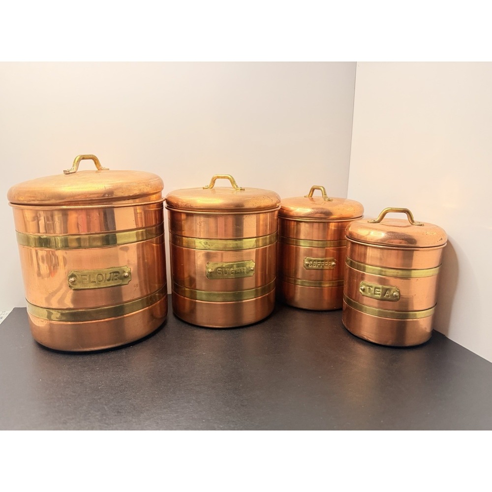 Vintage Solid Copper & Brass Kitchen Canister Set 4 Pc Flour Sugar Coffee Tea